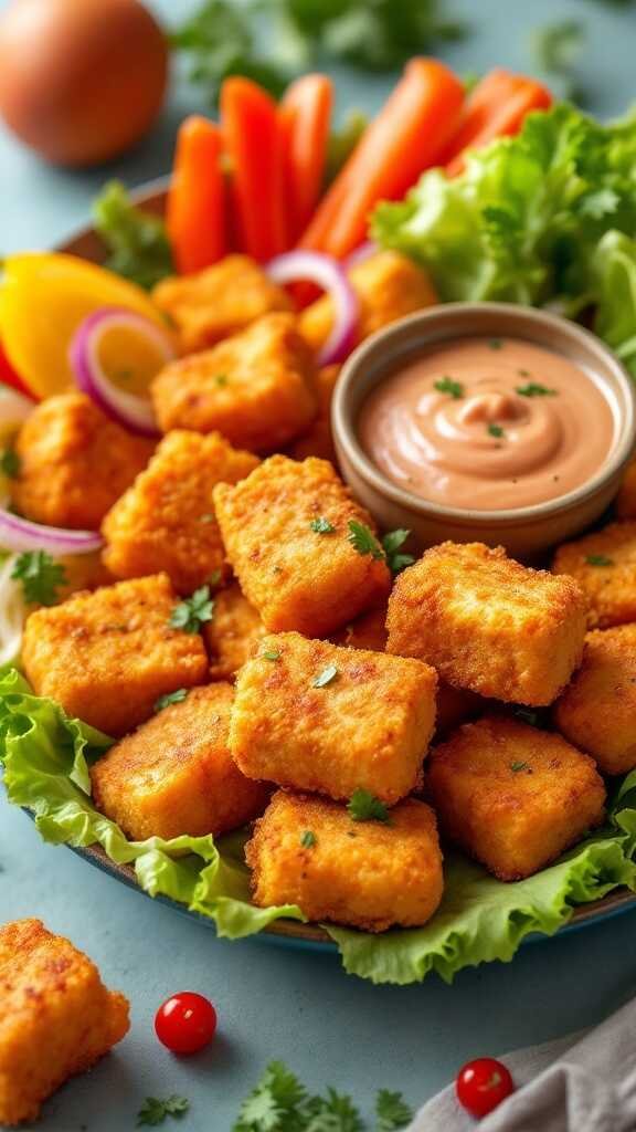 A platter of crispy tofu nuggets served with fresh vegetables and a dipping sauce.