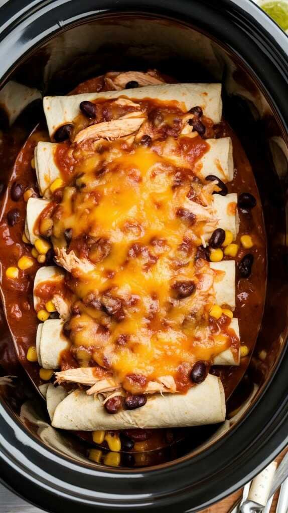 chicken enchiladas topped with cheese and cilantro in a crockpot