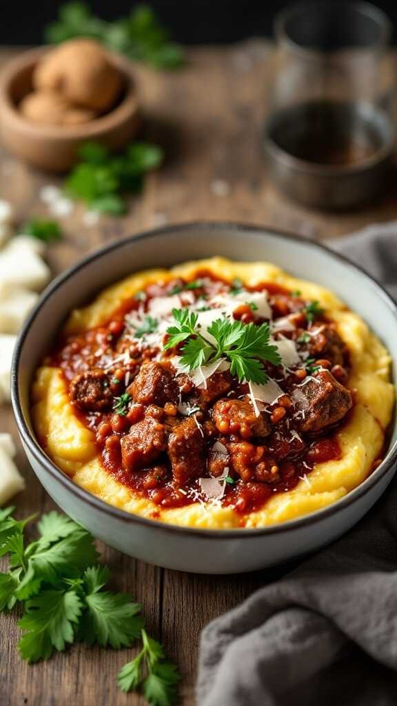 A bowl of beef ragu served over polenta, garnished with parsley