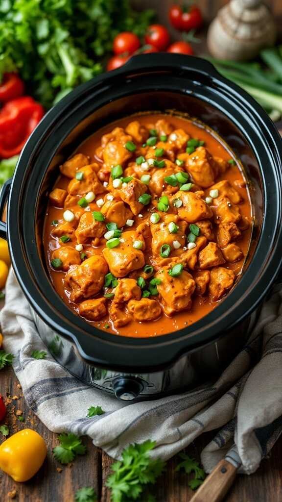 A crockpot filled with buffalo chicken, garnished with green onions.