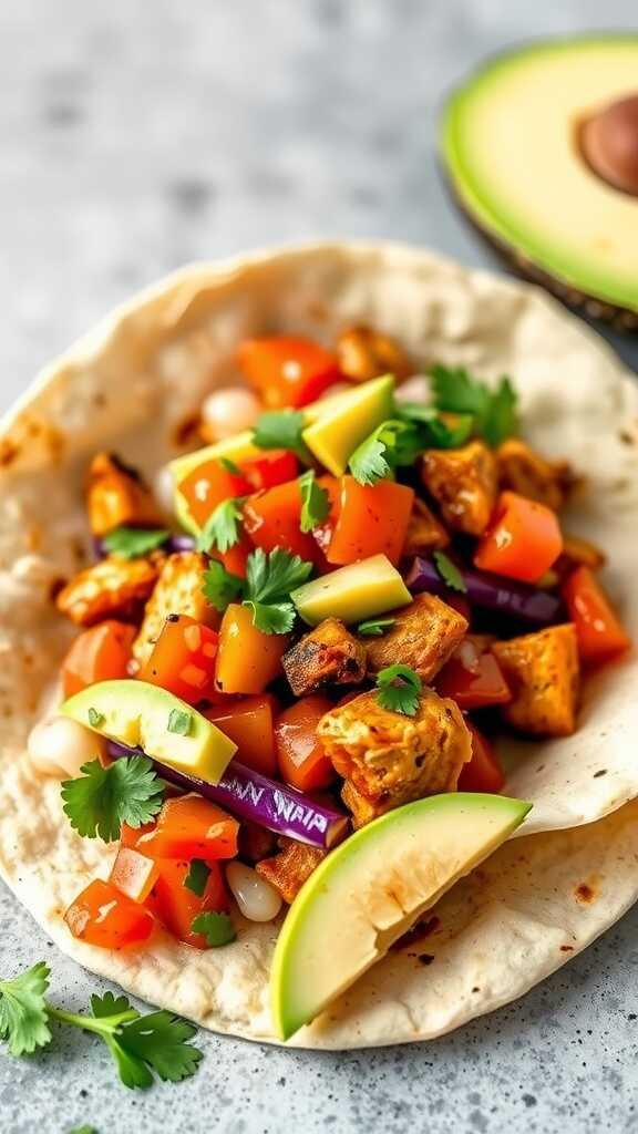 A delicious serving of chicken fajitas with colorful peppers and onions wrapped in a tortilla.