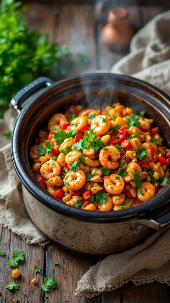 A delicious pot of crockpot jambalaya with shrimp and vegetables