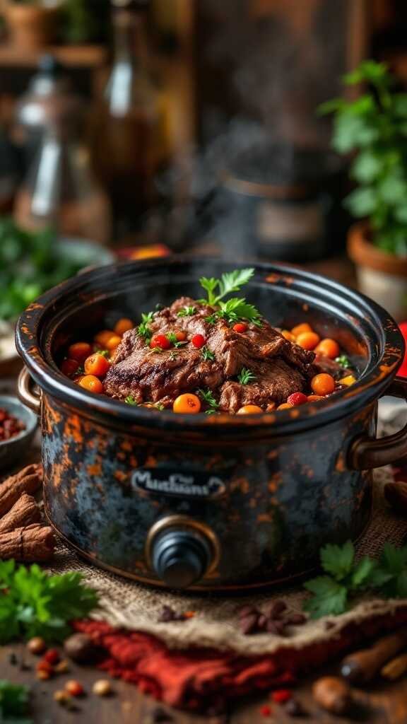 A delicious Cuban pot roast simmering in a crockpot with vegetables.