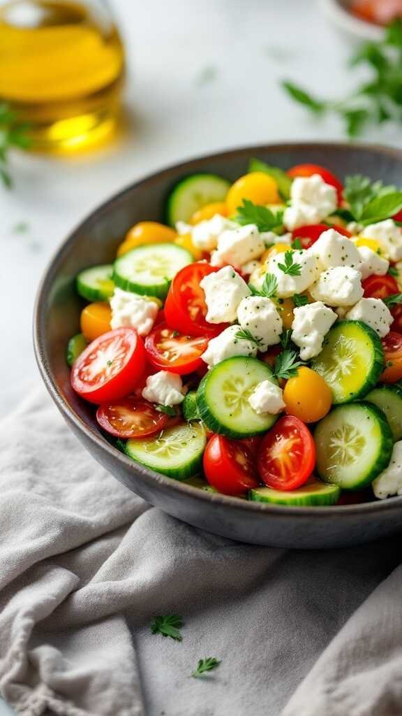 A vibrant cucumber, feta, and tomato salad in a bowl