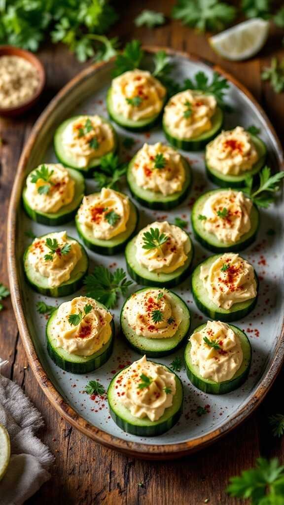 Cucumber slices topped with hummus and garnished with parsley and paprika.
