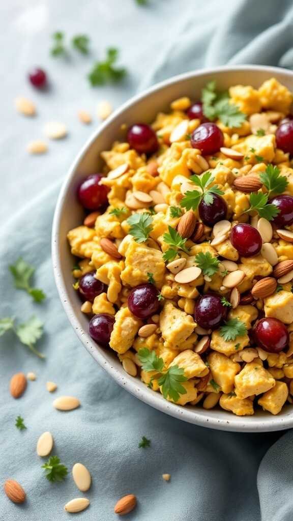 Delicious curried chicken salad with grapes, almonds, and herbs
