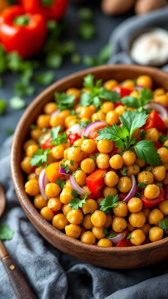 A vibrant bowl of curried chickpea salad with fresh vegetables and herbs.