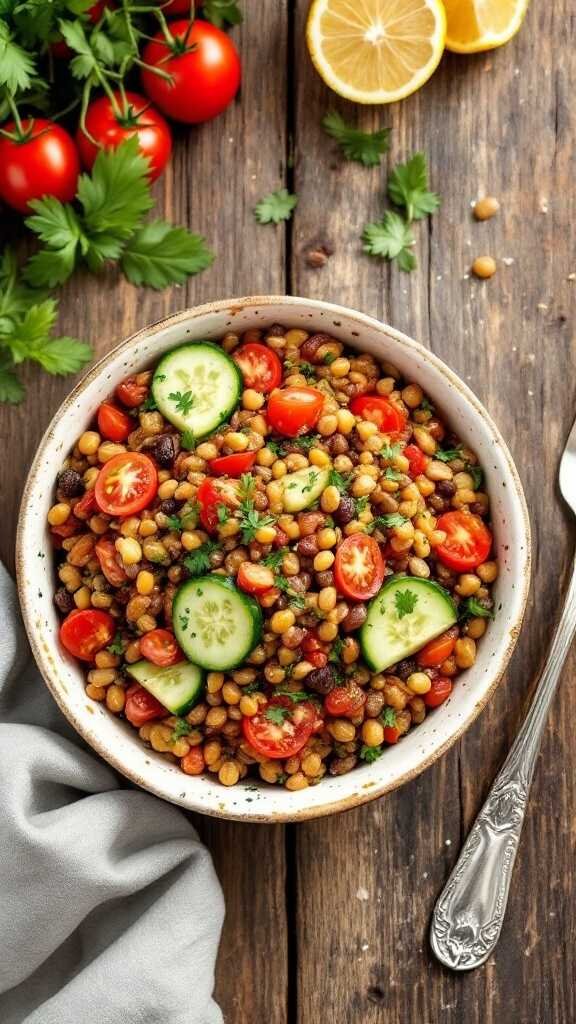 Curried lentil salad with cucumbers and tomatoes in a bowl