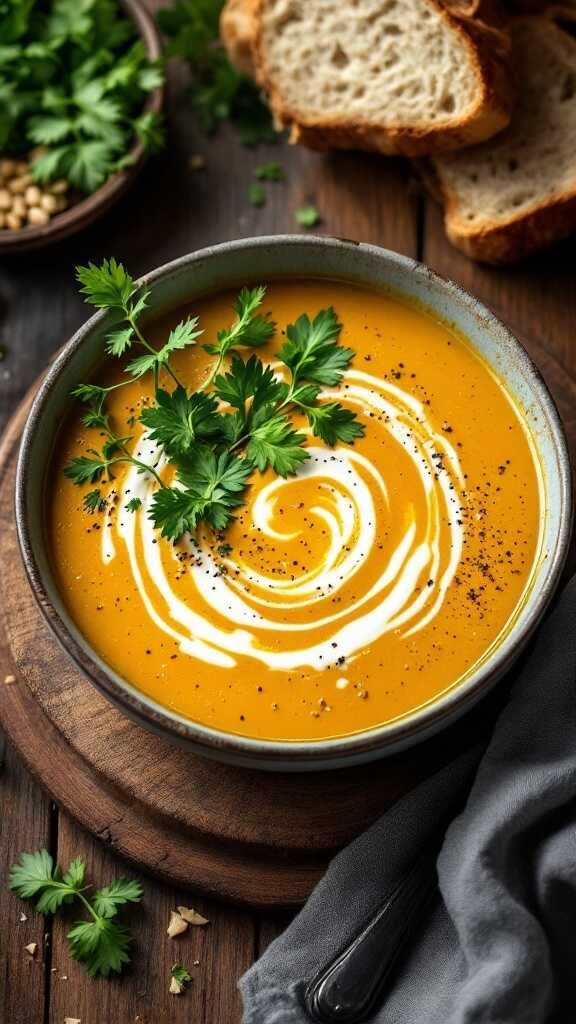 A bowl of curried swede soup garnished with cilantro