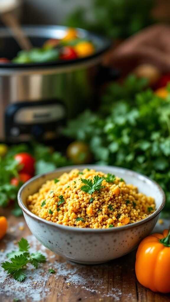 A bowl of curry-spiced quinoa topped with fresh herbs, surrounded by colorful vegetables.