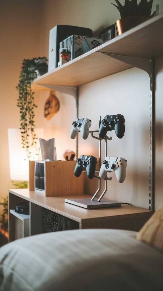 A stylish wooden stand holding game controllers in a cozy bedroom setting.