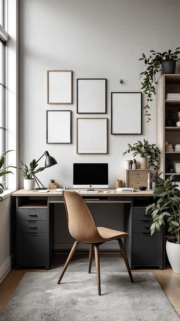 A modern home office with a sleek desk, a comfortable chair, and decorative plants.