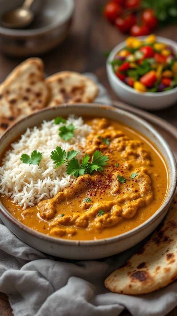 A bowl of Daal Makani with rice and naan