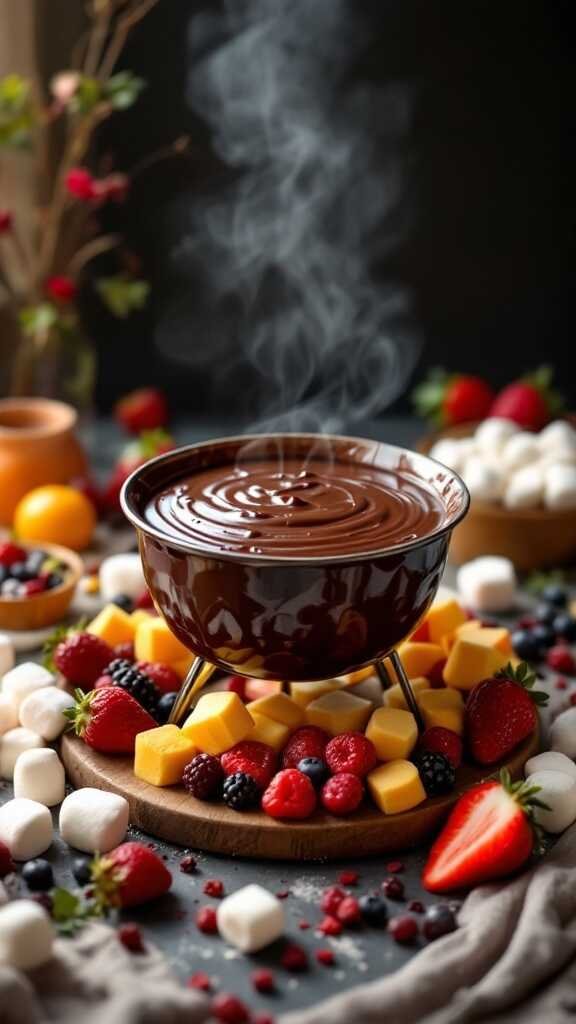 A rich chocolate fondue served with fruits and marshmallows, perfect for Valentine's Day.