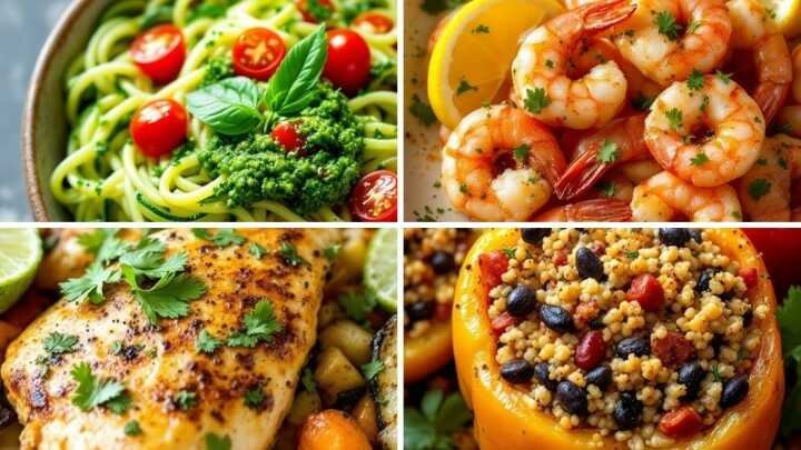 A collage of four vibrant dishes: pesto pasta with cherry tomatoes, shrimp with lemon garnish, roasted chicken with vegetables, and stuffed bell peppers.