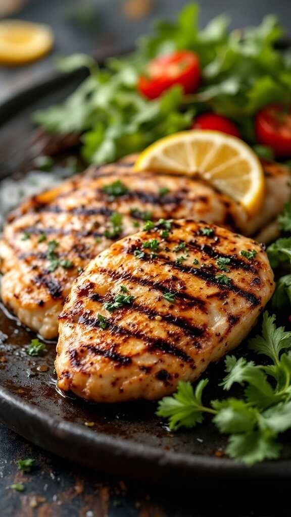 Grilled chicken garnished with lemon and herbs