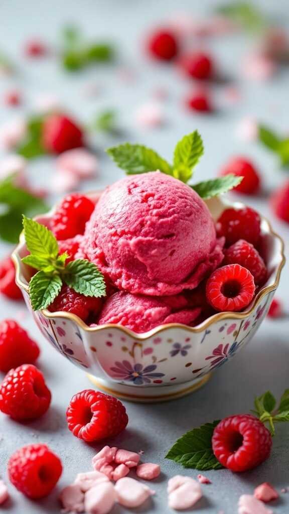 A bowl of raspberry sorbet garnished with fresh raspberries and mint leaves.