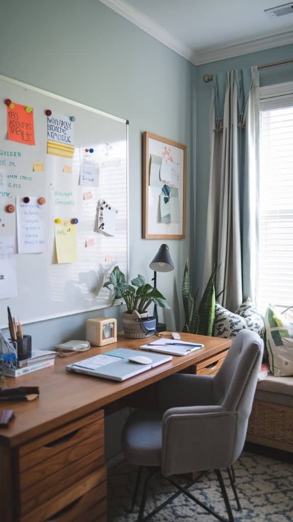 A cozy home office with a whiteboard filled with notes and a small plant on the desk.
