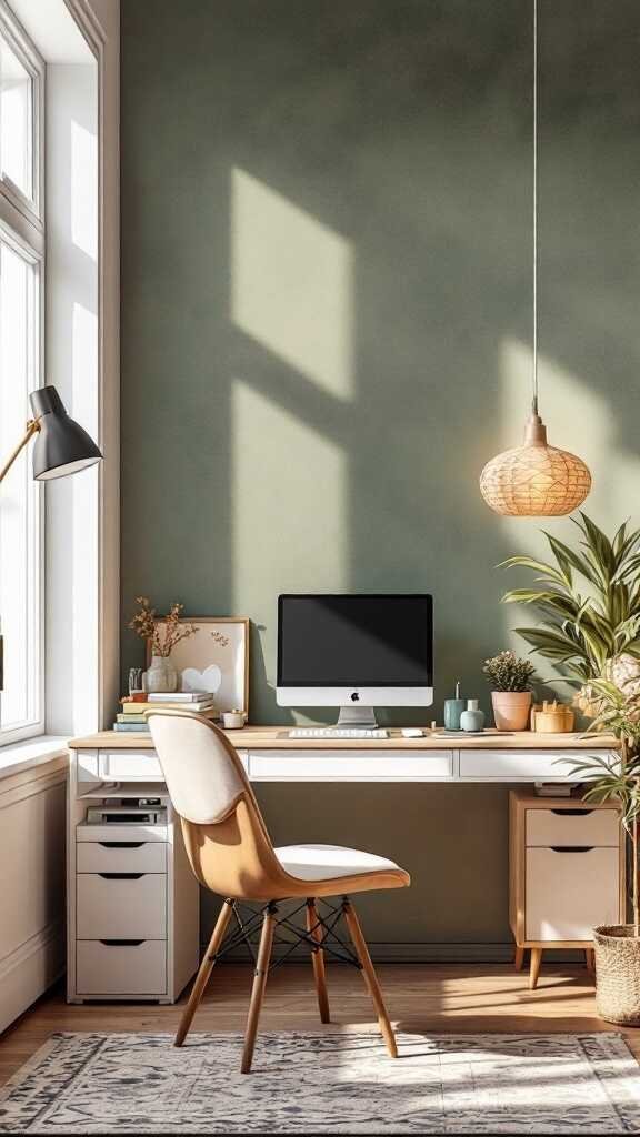 A feminine home office with a green wall, bright natural light, a wooden desk, a cozy chair, and plants.