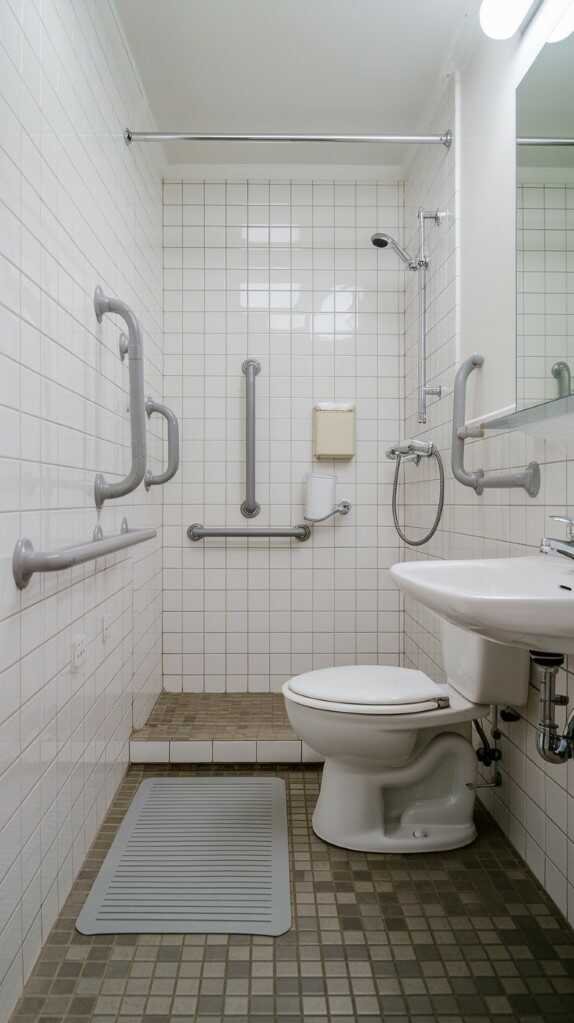 Modern small bathroom featuring safety features like grab bars and non-slip flooring