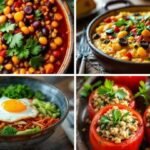 A collage of four vibrant dishes: bean stew with cilantro, vegetable casserole, bibimbap with a fried egg, and stuffed bell peppers with herbs. Bright and appetizing.