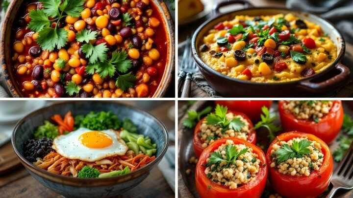 A collage of four vibrant dishes: bean stew with cilantro, vegetable casserole, bibimbap with a fried egg, and stuffed bell peppers with herbs. Bright and appetizing.