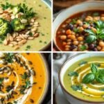 A collage of four vibrant soups: broccoli almond, chickpea bean, pumpkin seed, and basil cream. Each bowl is garnished with fresh herbs.