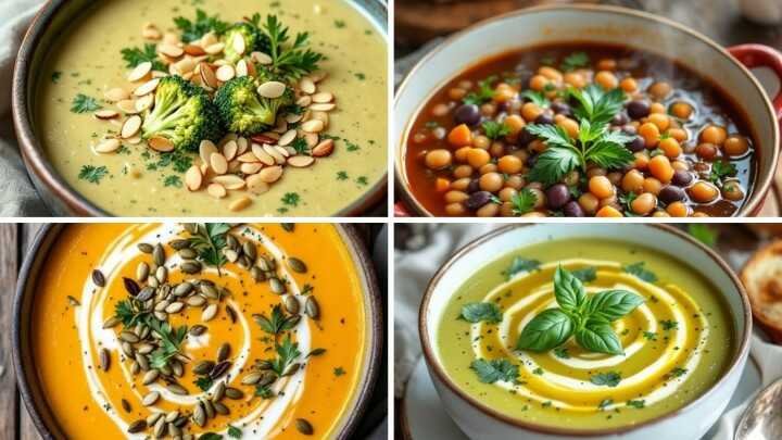 A collage of four vibrant soups: broccoli almond, chickpea bean, pumpkin seed, and basil cream. Each bowl is garnished with fresh herbs.