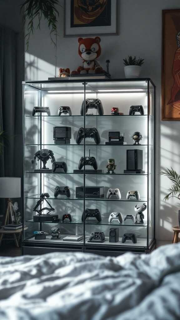 A stylish display cabinet with various gaming consoles and limited edition items in a cozy bedroom setting.