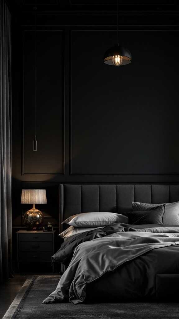 A dark, moody bedroom with dramatic lighting fixtures including a pendant light and a bedside lamp.