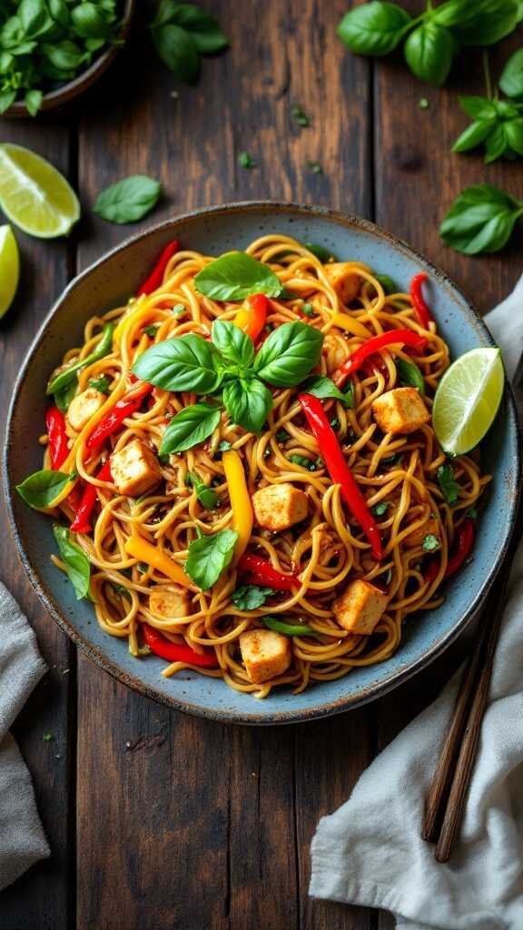 A vibrant plate of drunken noodles with tofu and colorful bell peppers, garnished with fresh basil.