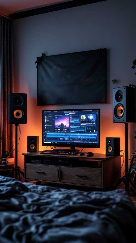 A gaming setup with a monitor and speakers in a stylish bedroom.