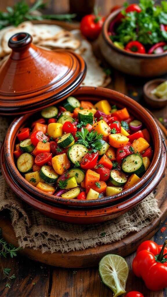 A vibrant Moroccan vegetable tagine filled with fresh ingredients.