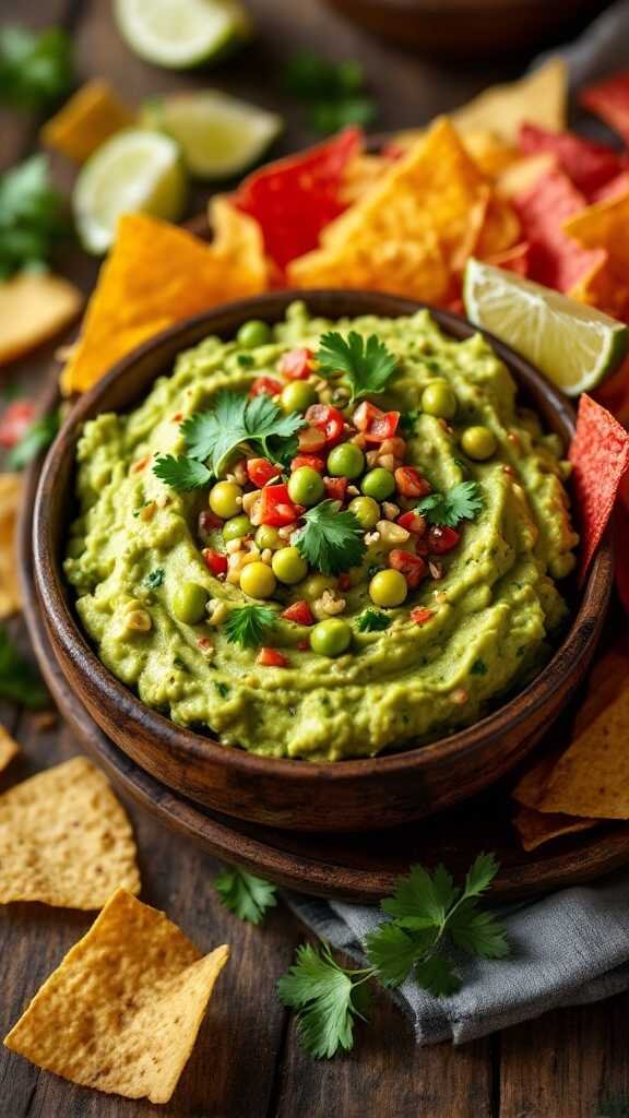 A bowl of edamame guacamole topped with green peas, tomatoes, and cilantro, served with tortilla chips.