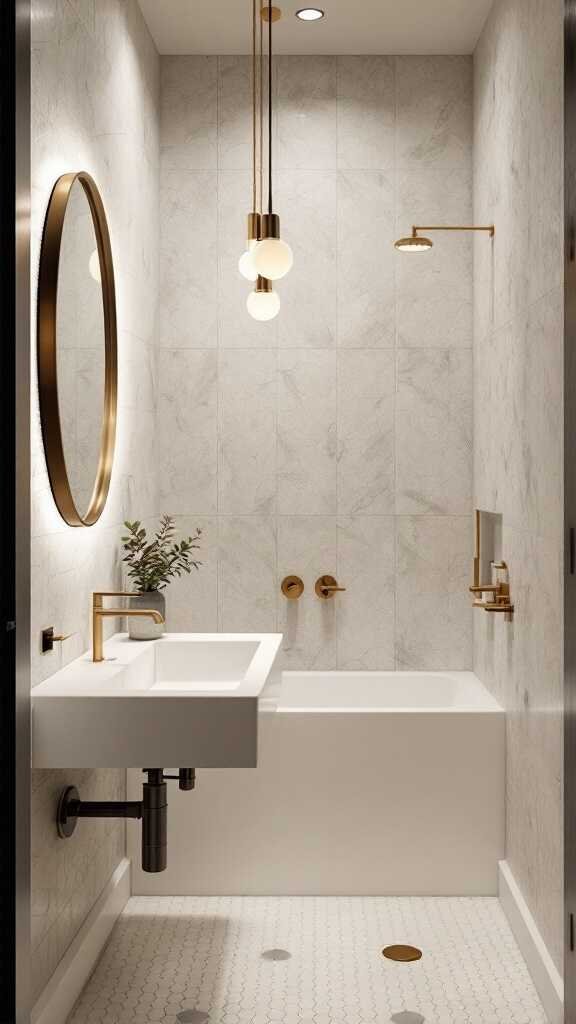 Modern small bathroom featuring efficient lighting solutions with pendant and recessed lights