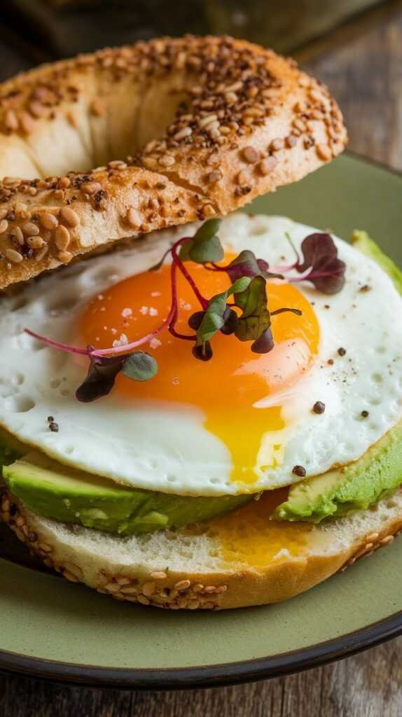 A delicious egg and avocado breakfast bagel sandwich topped with fresh herbs.