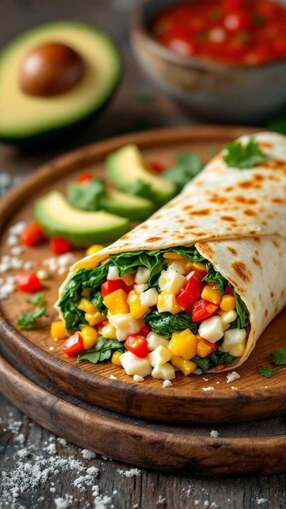 A close-up of an egg and veggie breakfast burrito on a wooden plate, surrounded by sliced avocado and salsa.