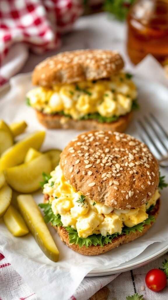 A delicious egg salad sandwich served with pickles.