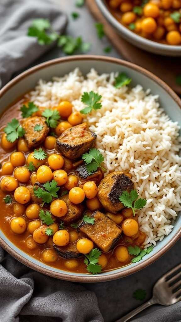 A bowl of eggplant and chickpea curry served with rice, garnished with fresh cilantro.