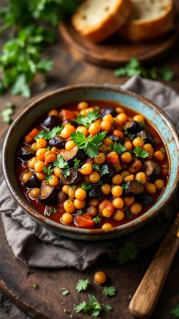 A bowl of eggplant and chickpea stew garnished with cilantro