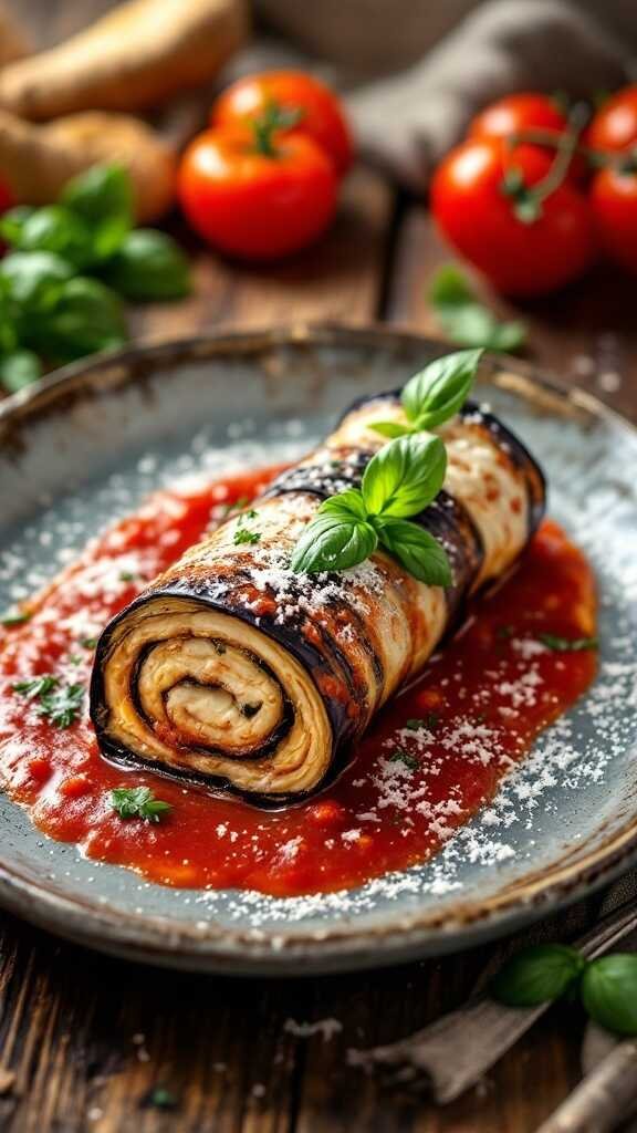 Delicious plate of Eggplant Involtini with marinara sauce and garnished with basil.