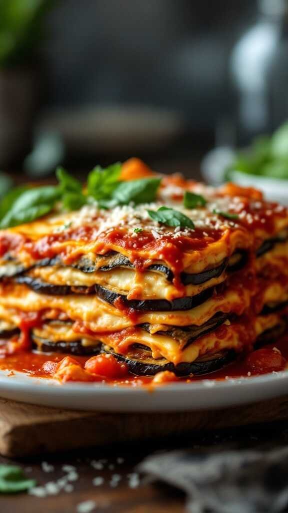 A delicious serving of eggplant lasagna with layers of cheese and tomato sauce garnished with fresh basil.