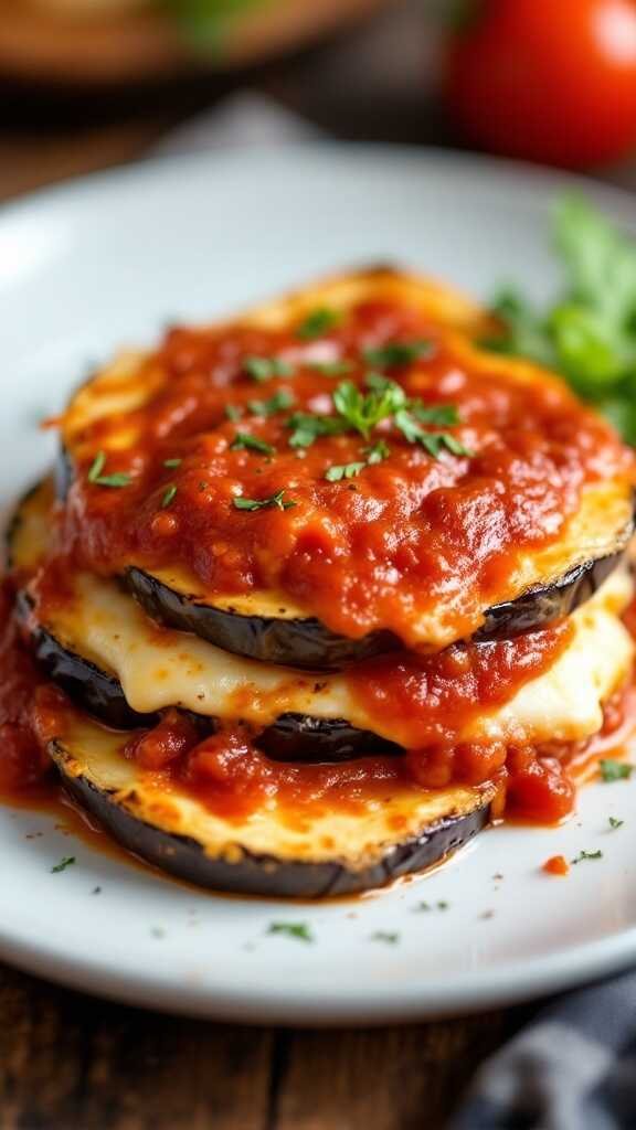 A plate of layers of eggplant parmesan topped with marinara sauce and fresh herbs.