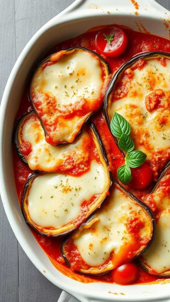 Delicious Eggplant Parmesan Bake with melty cheese and tomato sauce