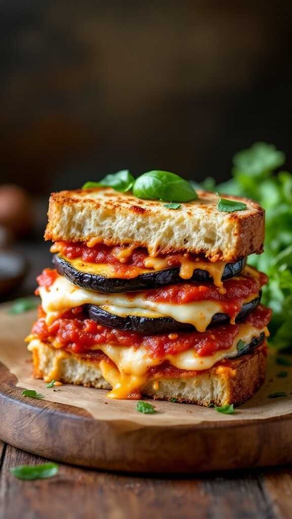 A delicious eggplant parmesan sandwich with layers of eggplant, marinara sauce, and melted cheese.