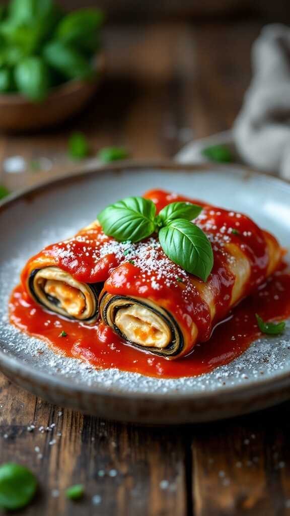 Eggplant Rollatini with tomato sauce and basil garnish