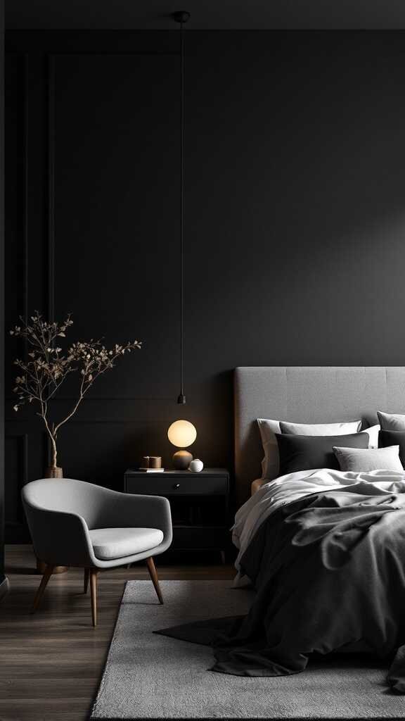 A cozy dark bedroom featuring black walls, gray and black bedding, a stylish chair, and a warm lamp.