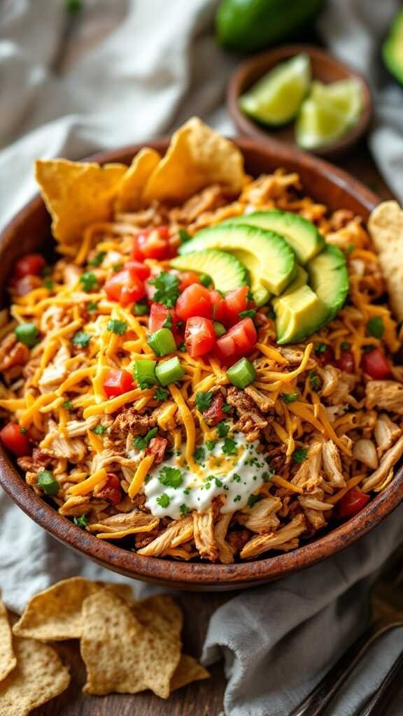 A colorful enchilada bowl with shredded chicken, cheese, avocado, and fresh toppings.