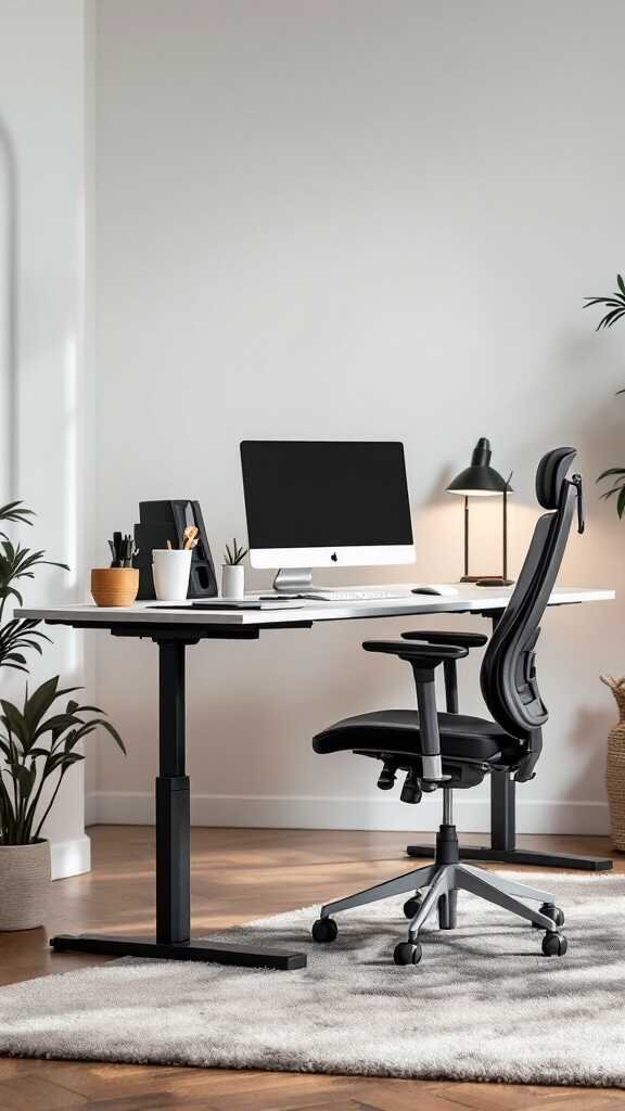 A modern home office featuring an ergonomic chair and adjustable desk with a clean and minimalistic design.