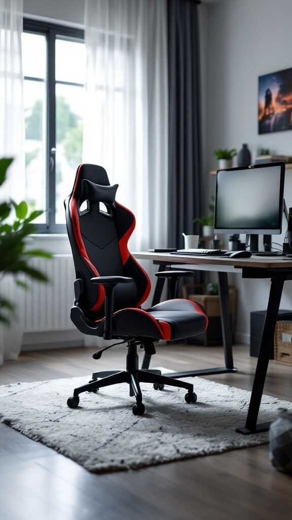 An ergonomic gaming chair in a bright room with a desk and computer setup.